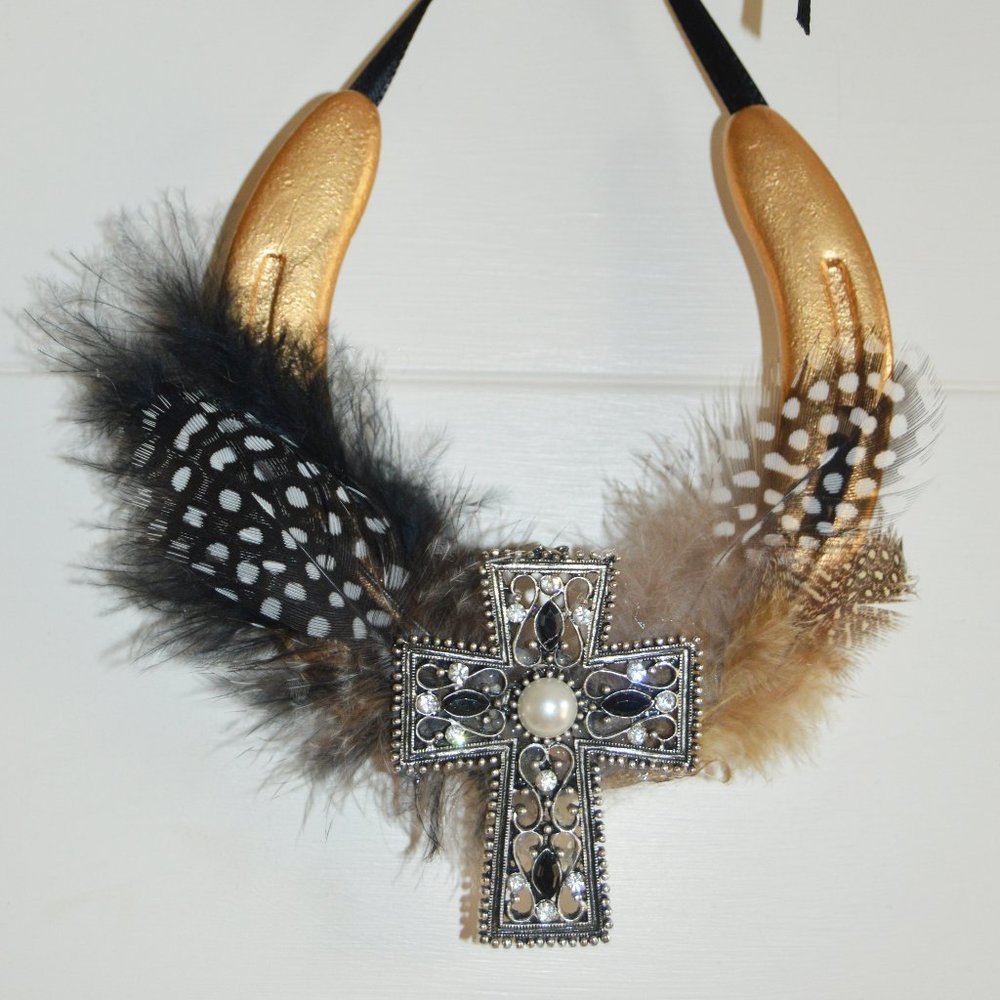 Gold Lucky Horseshoe with Crystal and Pearl Cross